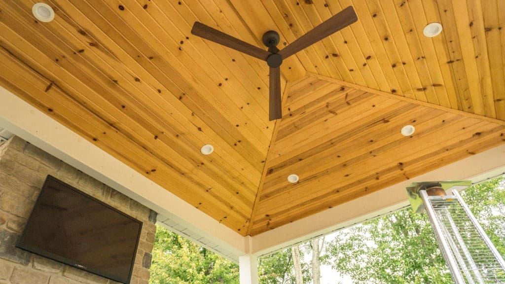 Custom wood patio structure with fan and lighting in Avon, Ohio